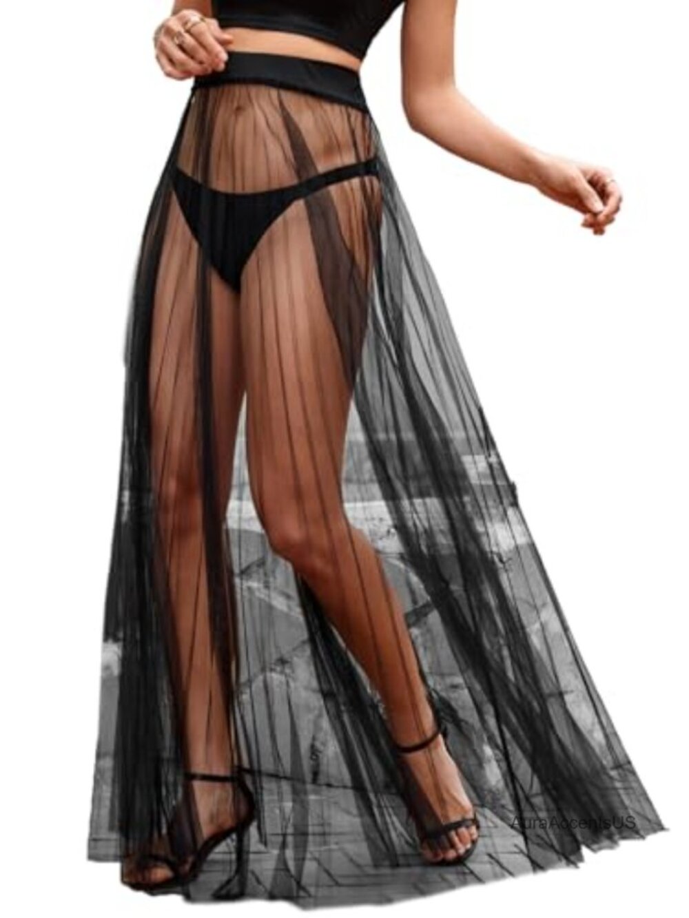 Sheer Mesh Flowy High Waist A-Line Long Maxi Skirt